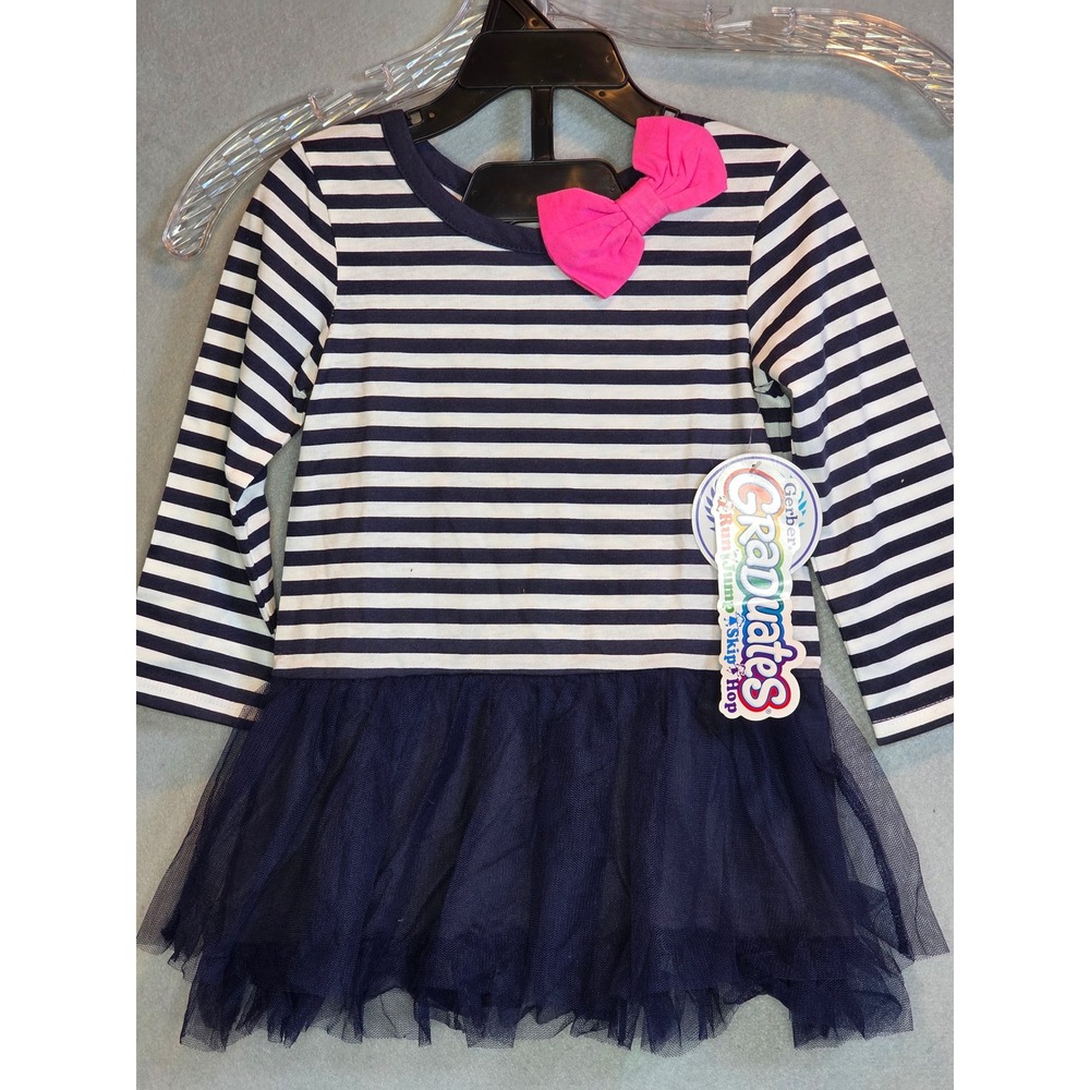 Gerber Graduates Girls 24M Navy White Striped Tutu Dress Pink Bow Long Sleeve